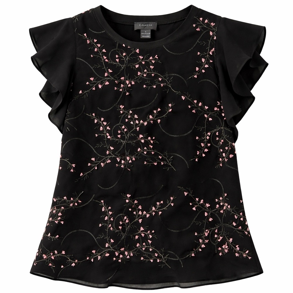Gracia | Black Embroidered Floral Flutter Sleeve Top | L